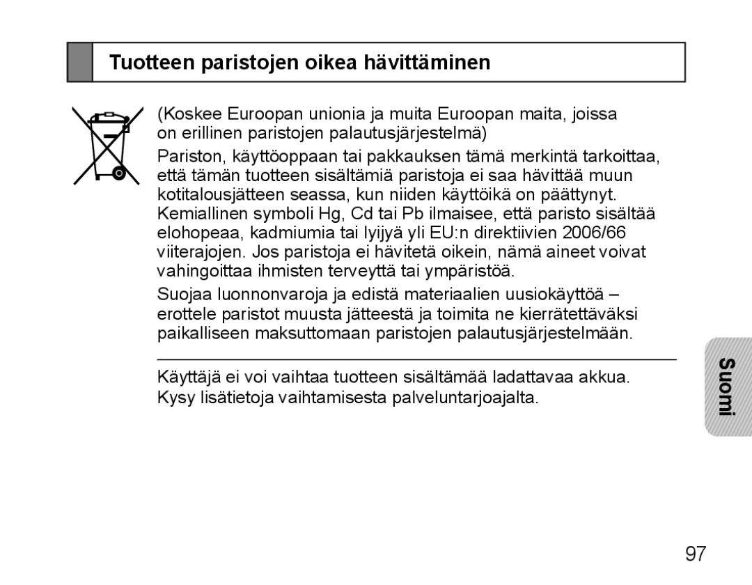 Samsung BHM5000EBRCSER, BHM5000EBECXEF, BHM5000EBECFOP, BHM5000EBECXEE, BHM5000EBECXEH Tuotteen paristojen oikea hävittäminen 