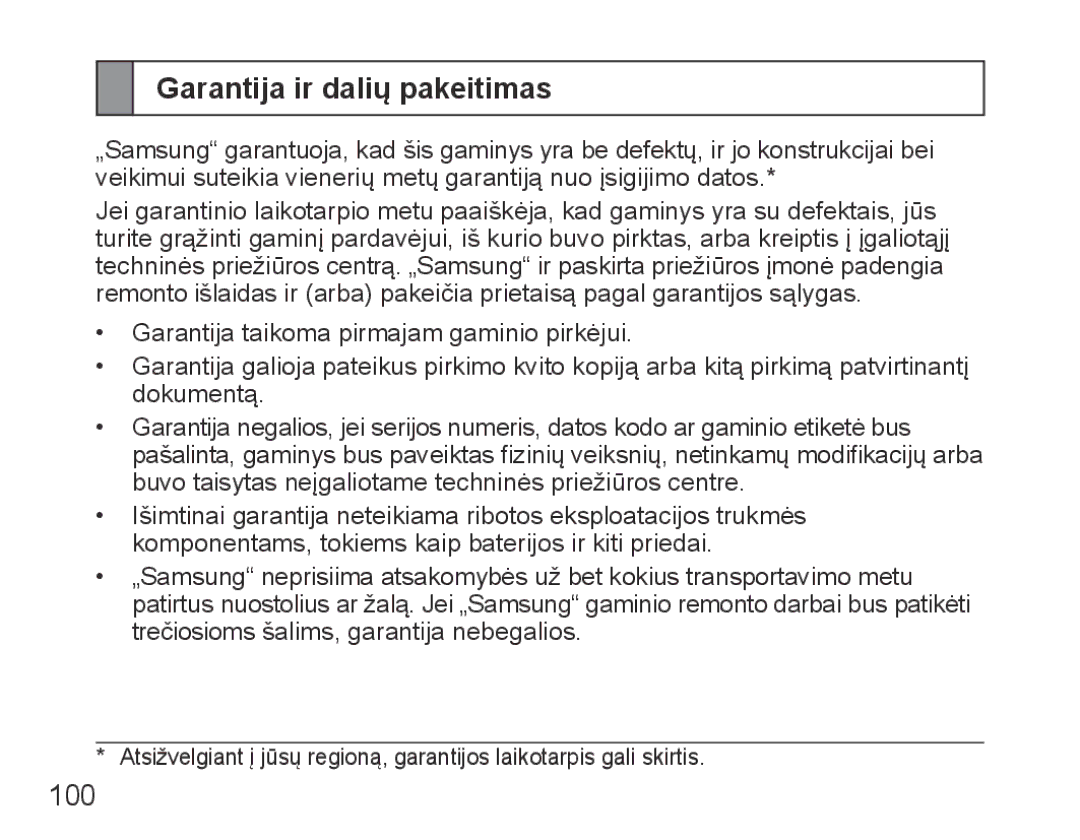 Samsung BHM5000EBRCSER manual Garantija ir dalių pakeitimas 