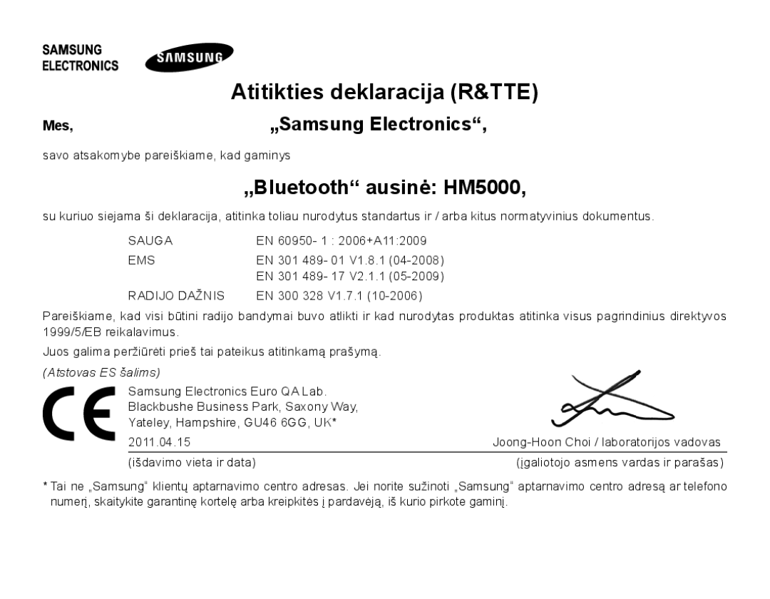 Samsung BHM5000EBRCSER manual Atitikties deklaracija R&TTE, „Bluetooth ausinė HM5000, „Samsung Electronics 