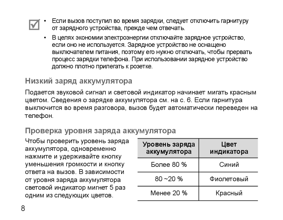 Samsung BHM5000EBRCSER manual Низкий заряд аккумулятора, Проверка уровня заряда аккумулятора 