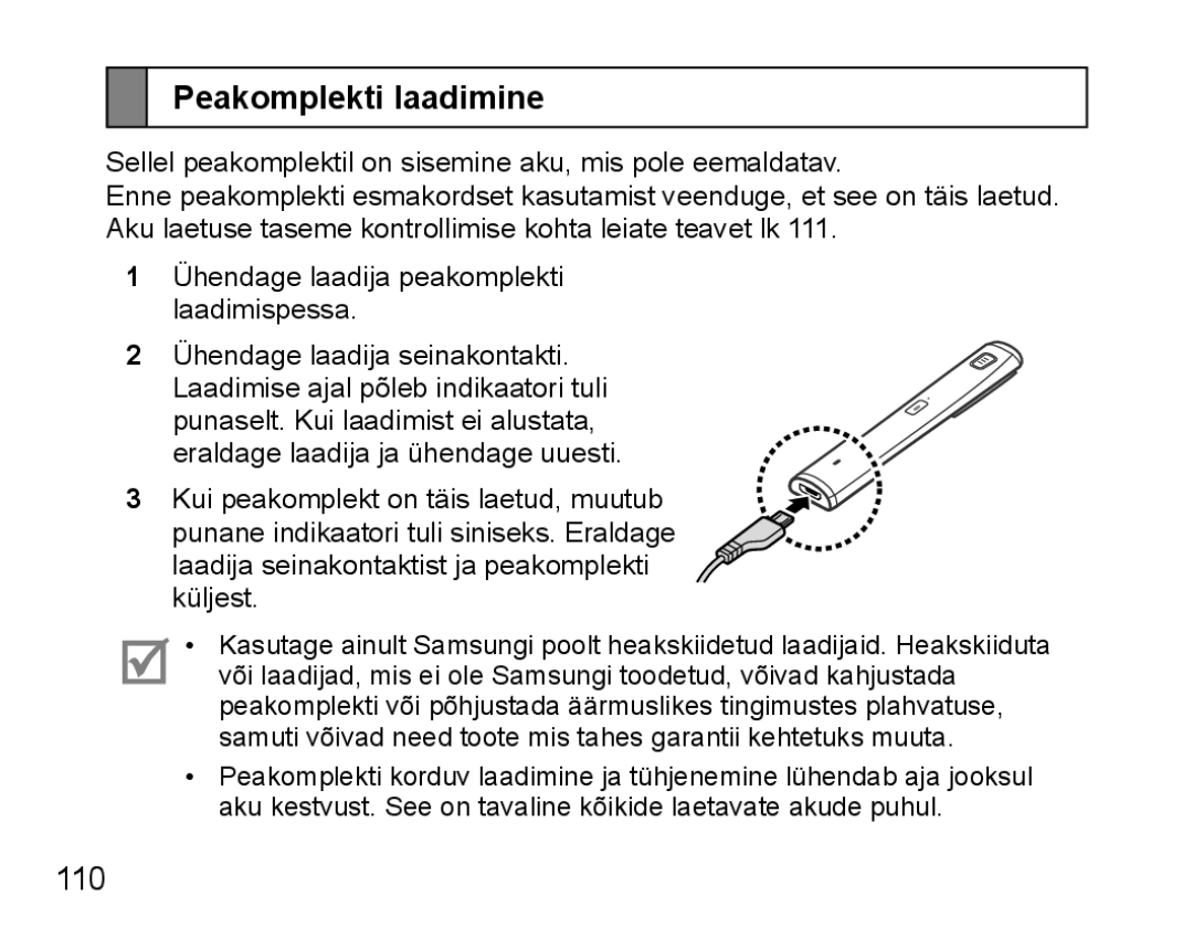 Samsung BHM5000EBRCSER manual Peakomplekti laadimine, 110 