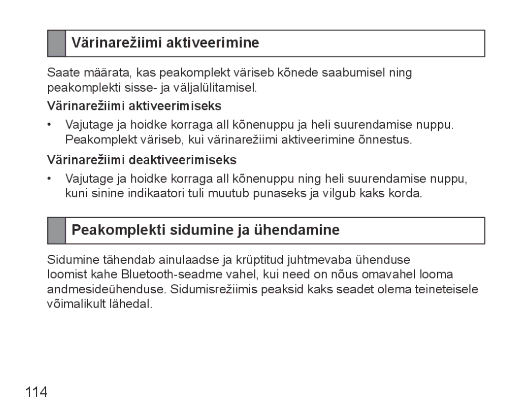 Samsung BHM5000EBRCSER Värinarežiimi aktiveerimine, Peakomplekti sidumine ja ühendamine, Värinarežiimi aktiveerimiseks 