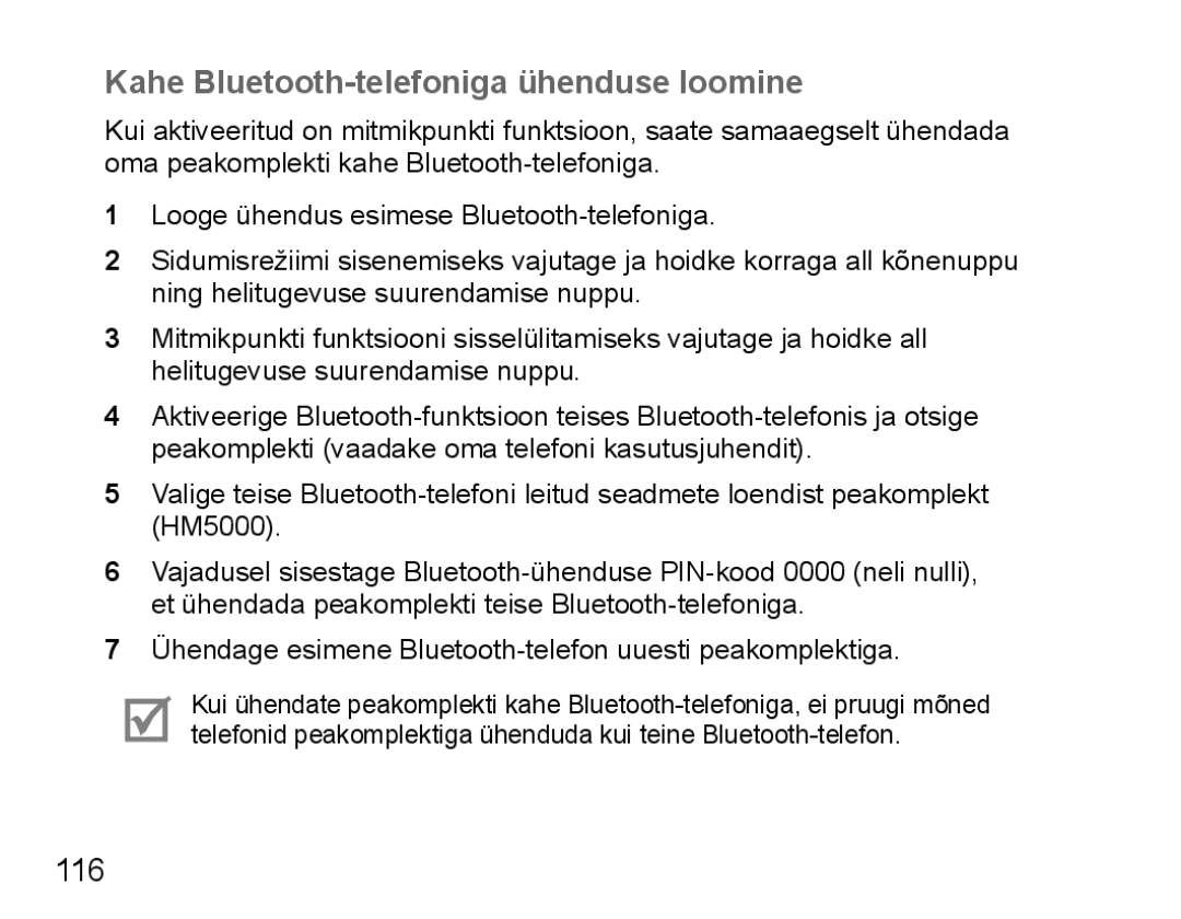 Samsung BHM5000EBRCSER manual Kahe Bluetooth-telefoniga ühenduse loomine, 116 