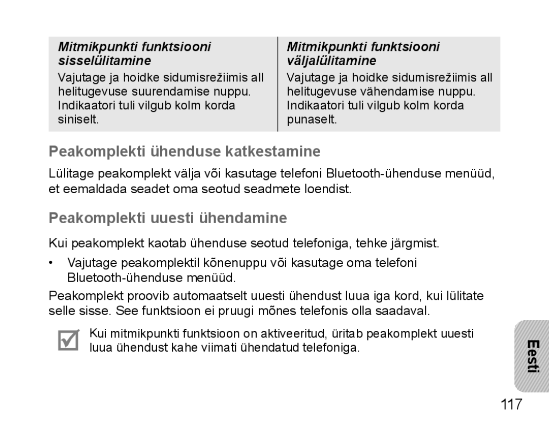 Samsung BHM5000EBRCSER manual Peakomplekti ühenduse katkestamine, Peakomplekti uuesti ühendamine 