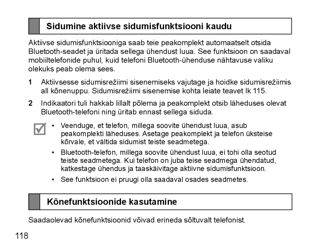 Samsung BHM5000EBRCSER manual Sidumine aktiivse sidumisfunktsiooni kaudu, Kõnefunktsioonide kasutamine 