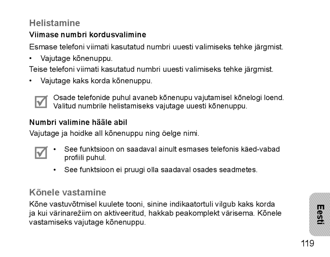 Samsung BHM5000EBRCSER manual Helistamine, Kõnele vastamine, Viimase numbri kordusvalimine, Numbri valimine hääle abil 