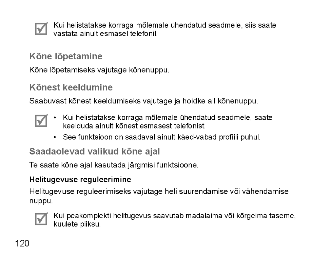 Samsung BHM5000EBRCSER manual Kõne lõpetamine, Kõnest keeldumine, Saadaolevad valikud kõne ajal, Helitugevuse reguleerimine 