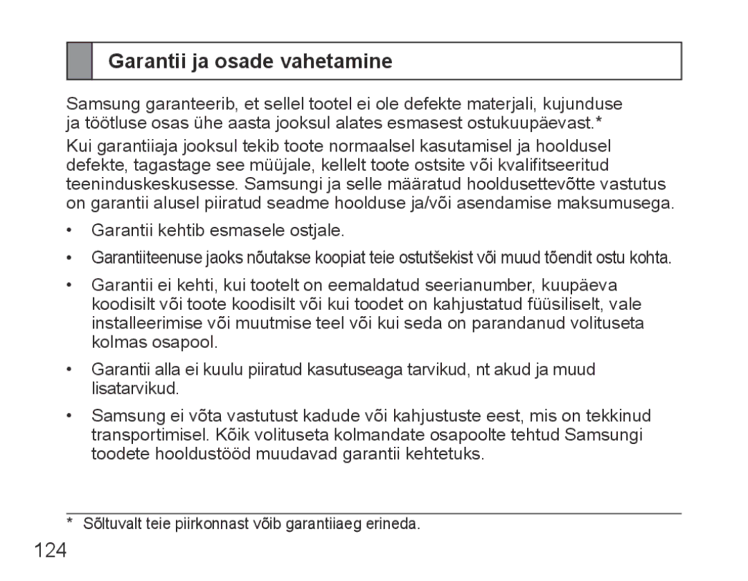 Samsung BHM5000EBRCSER manual Garantii ja osade vahetamine 