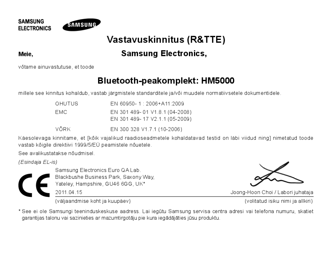 Samsung BHM5000EBRCSER manual Vastavuskinnitus R&TTE, Bluetooth-peakomplekt HM5000, Samsung Electronics 