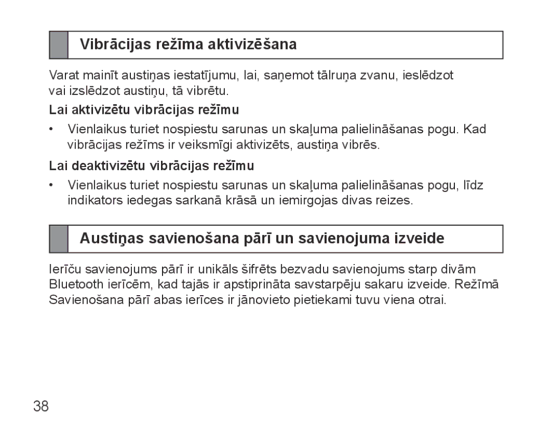 Samsung BHM5000EBRCSER manual Vibrācijas režīma aktivizēšana, Austiņas savienošana pārī un savienojuma izveide 