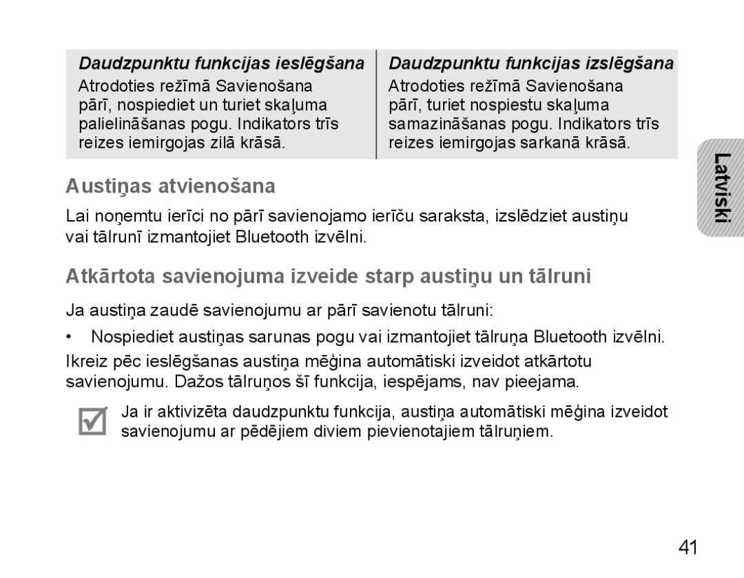 Samsung BHM5000EBRCSER manual Austiņas atvienošana, Atkārtota savienojuma izveide starp austiņu un tālruni 