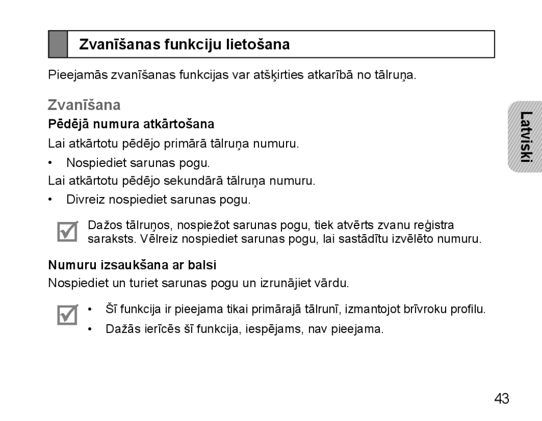 Samsung BHM5000EBRCSER manual Zvanīšanas funkciju lietošana, Pēdējā numura atkārtošana, Numuru izsaukšana ar balsi 