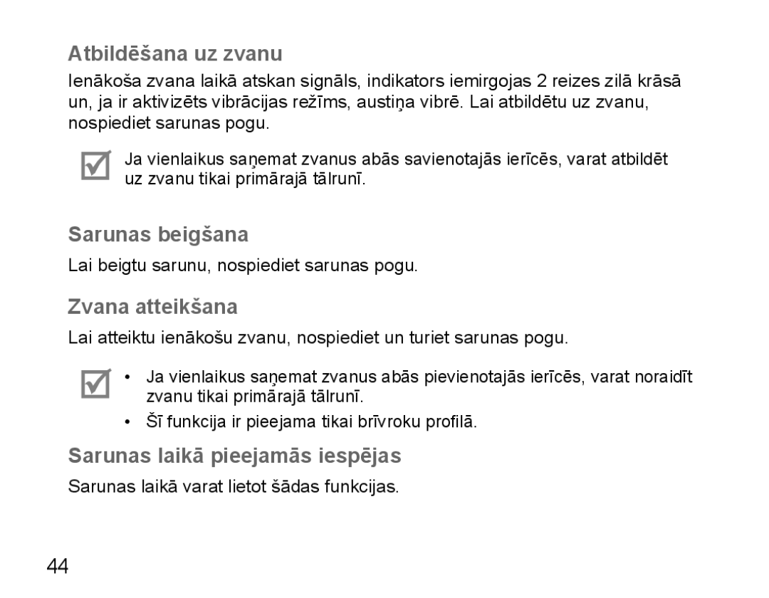 Samsung BHM5000EBRCSER manual Atbildēšana uz zvanu, Sarunas beigšana, Zvana atteikšana, Sarunas laikā pieejamās iespējas 