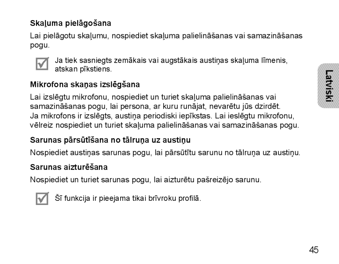 Samsung BHM5000EBRCSER manual Skaļuma pielāgošana, Mikrofona skaņas izslēgšana, Sarunas pārsūtīšana no tālruņa uz austiņu 