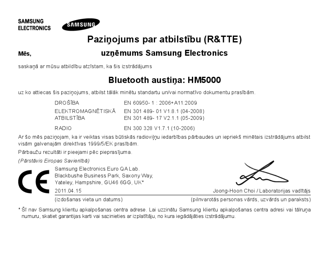 Samsung BHM5000EBRCSER manual Paziņojums par atbilstību R&TTE, Bluetooth austiņa HM5000, Uzņēmums Samsung Electronics 