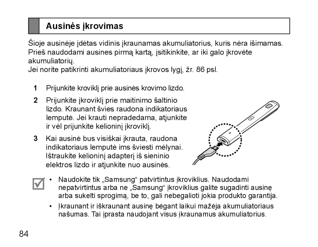 Samsung BHM5000EBRCSER manual Ausinės įkrovimas 