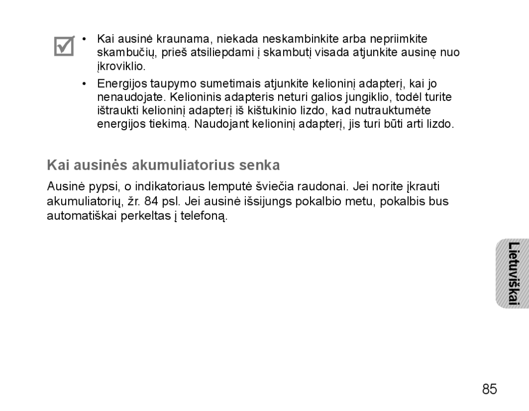 Samsung BHM5000EBRCSER manual Kai ausinės akumuliatorius senka 