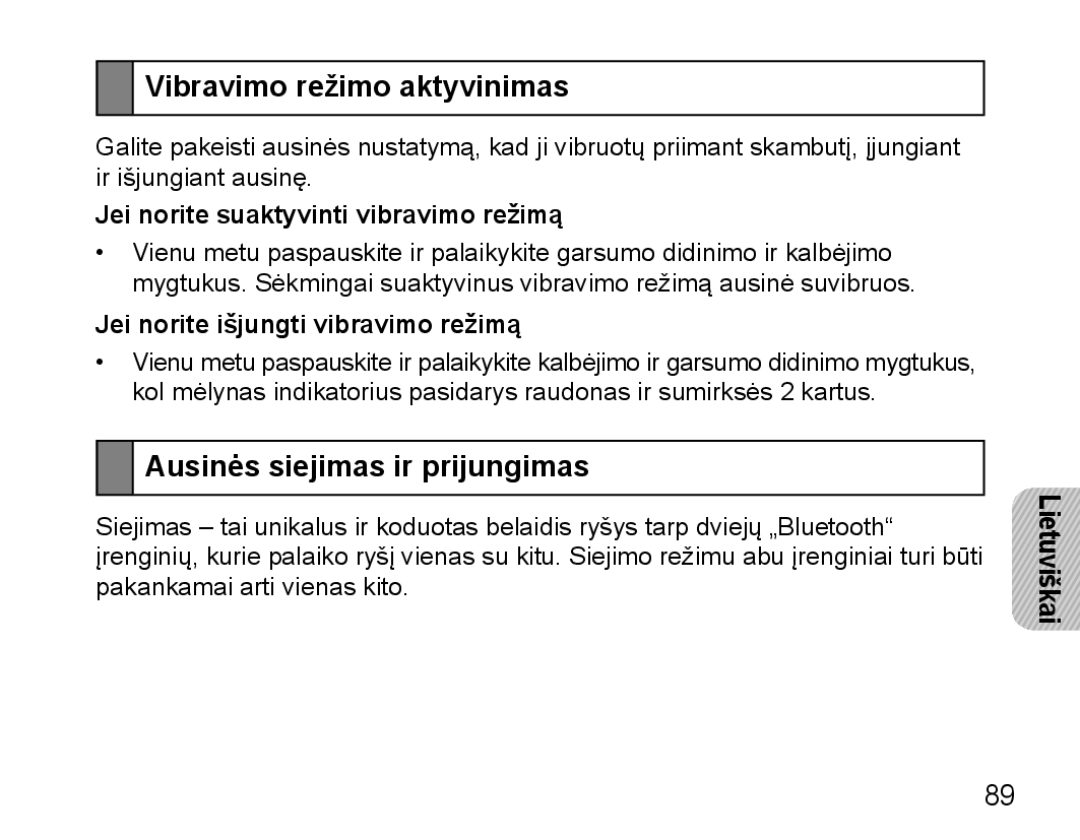 Samsung BHM5000EBRCSER Vibravimo režimo aktyvinimas, Ausinės siejimas ir prijungimas, Jei norite išjungti vibravimo režimą 