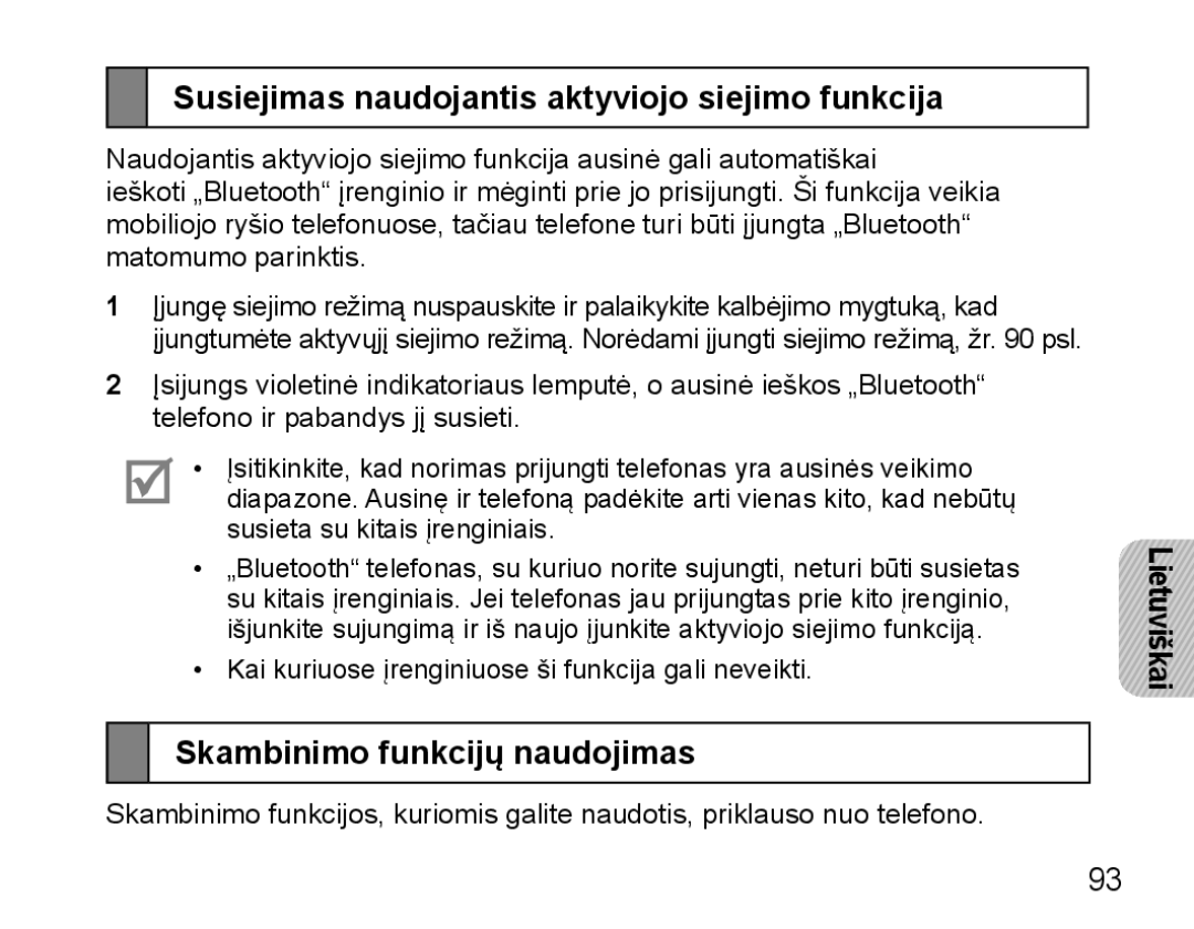 Samsung BHM5000EBRCSER manual Susiejimas naudojantis aktyviojo siejimo funkcija, Skambinimo funkcijų naudojimas 