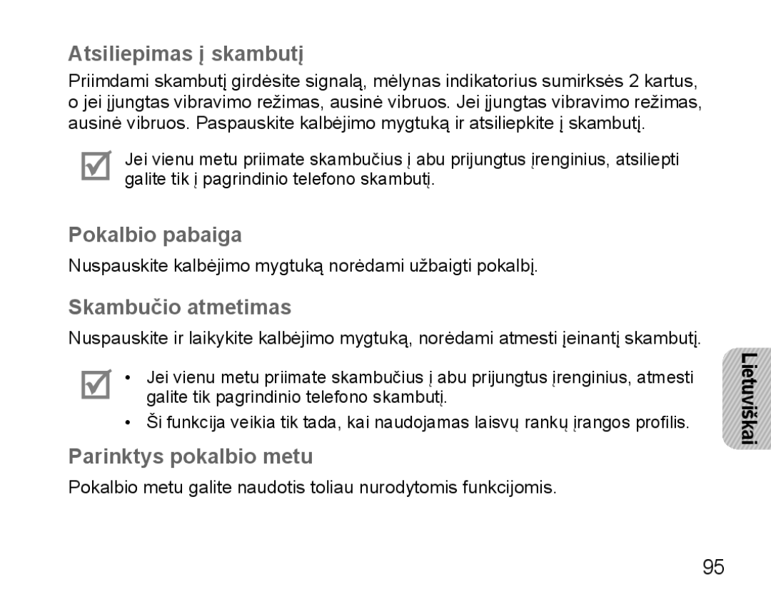 Samsung BHM5000EBRCSER manual Atsiliepimas į skambutį, Pokalbio pabaiga, Skambučio atmetimas, Parinktys pokalbio metu 