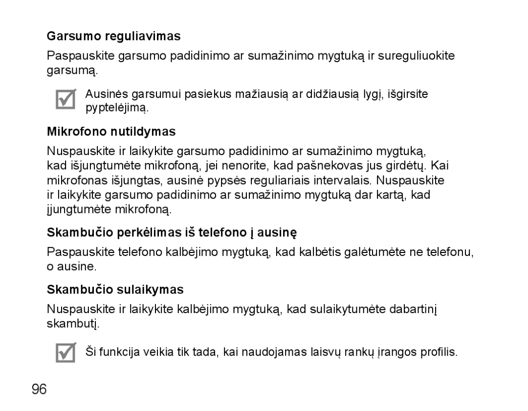 Samsung BHM5000EBRCSER manual Garsumo reguliavimas, Mikrofono nutildymas, Skambučio perkėlimas iš telefono į ausinę 