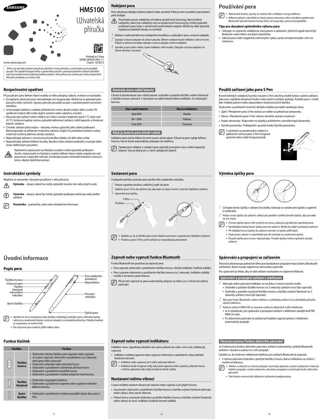 Samsung BHM5100EWEGXEH manual Bezpečnostní opatření, Instruktážní symboly, Popis pera, Funkce tlačítek, Výměna špičky pera 