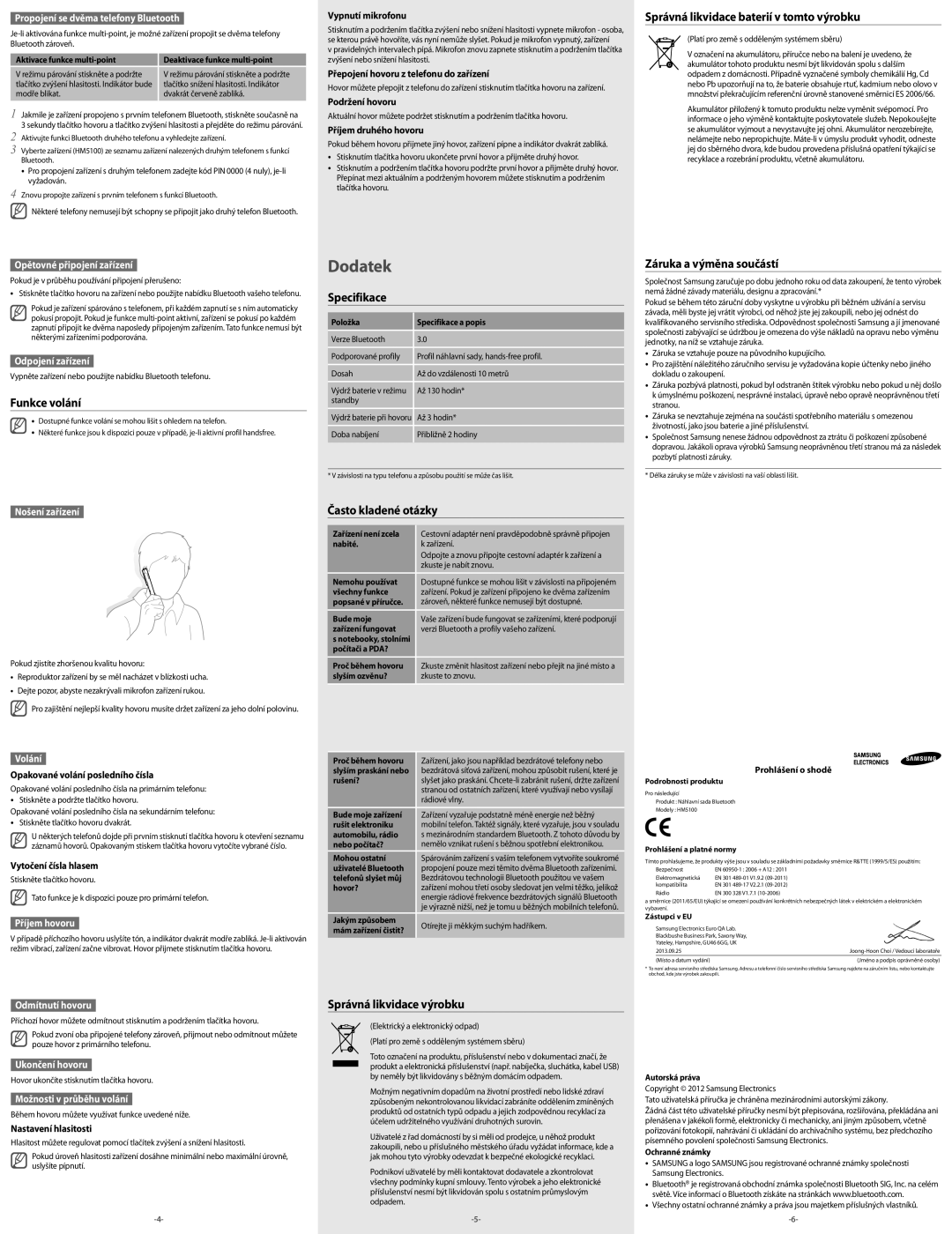 Samsung BHM5100EWEGXEH manual Správná likvidace baterií v tomto výrobku, Funkce volání, Specifikace, Často kladené otázky 