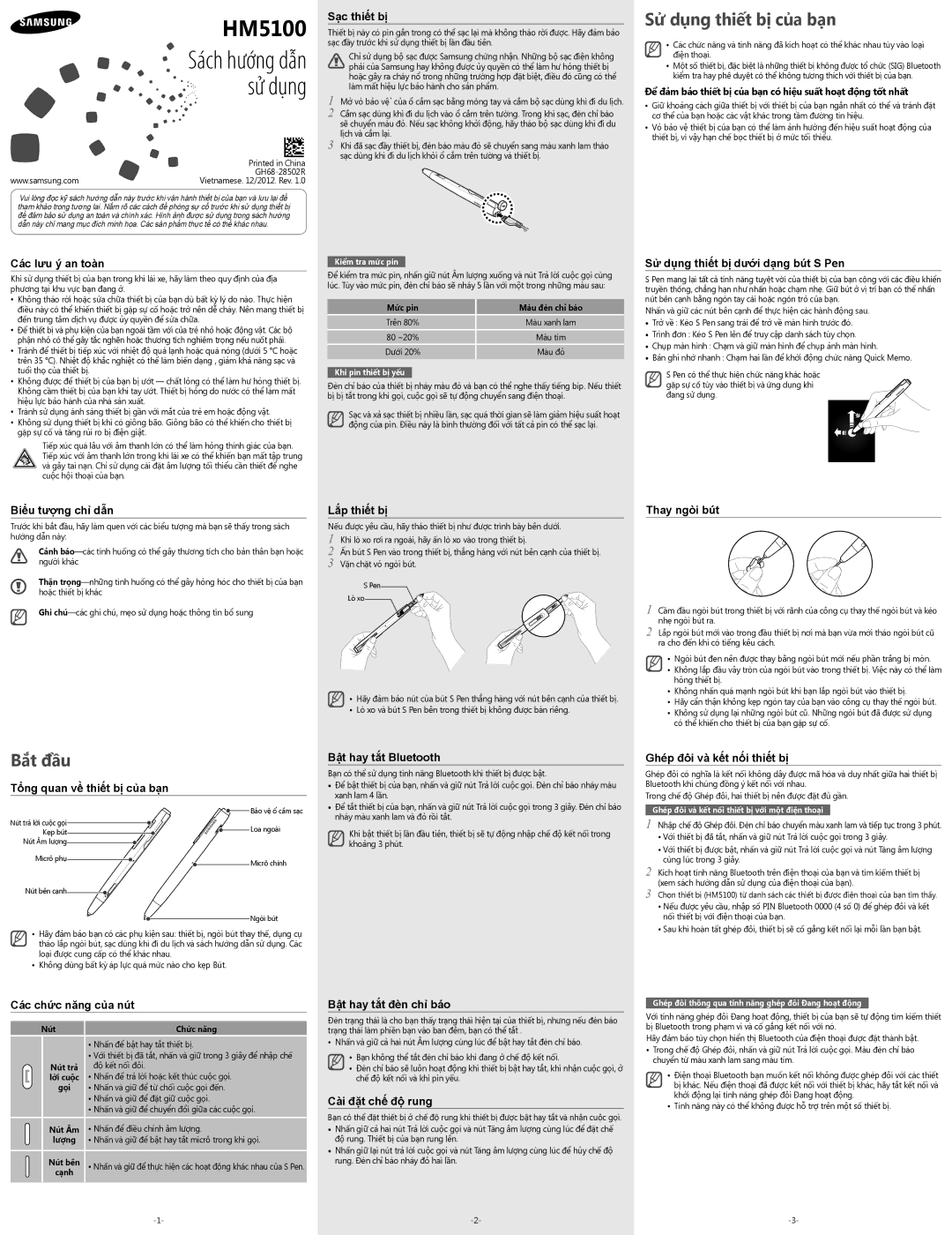 Samsung BHM5100EWEGXEV manual Các lưu ý an toàn, Biểu tượng chỉ dẫn, Tổng quan về thiết bị của bạn, Sạc thiết bị 