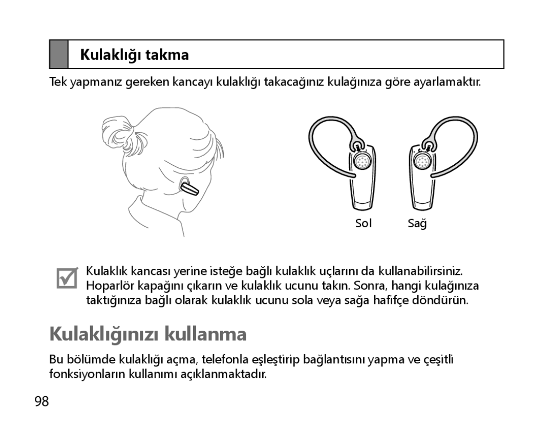 Samsung BHM6000EDECXEH manual Kulaklığınızı kullanma, Kulaklığı takma 