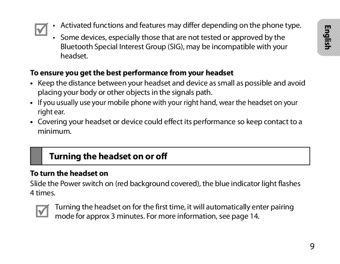 Samsung BHM6000EDECXEH manual Turning the headset on or off, To ensure you get the best performance from your headset 