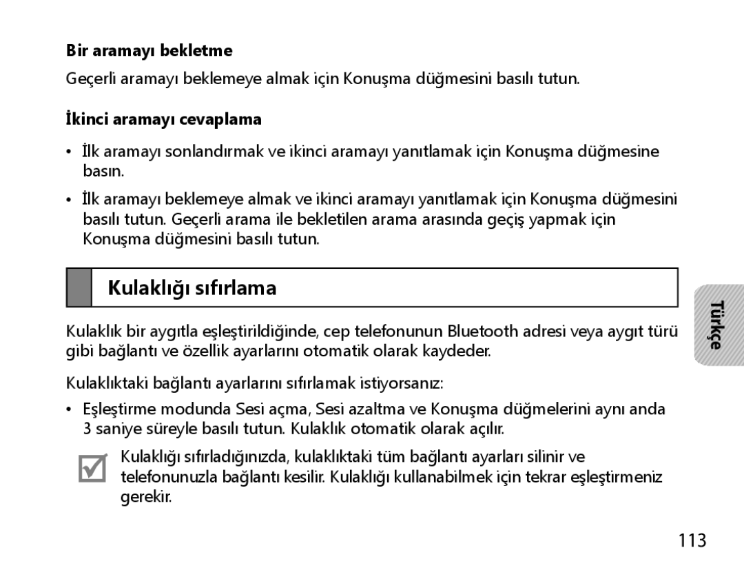 Samsung BHM6000EDECXEH manual Kulaklığı sıfırlama, 113 