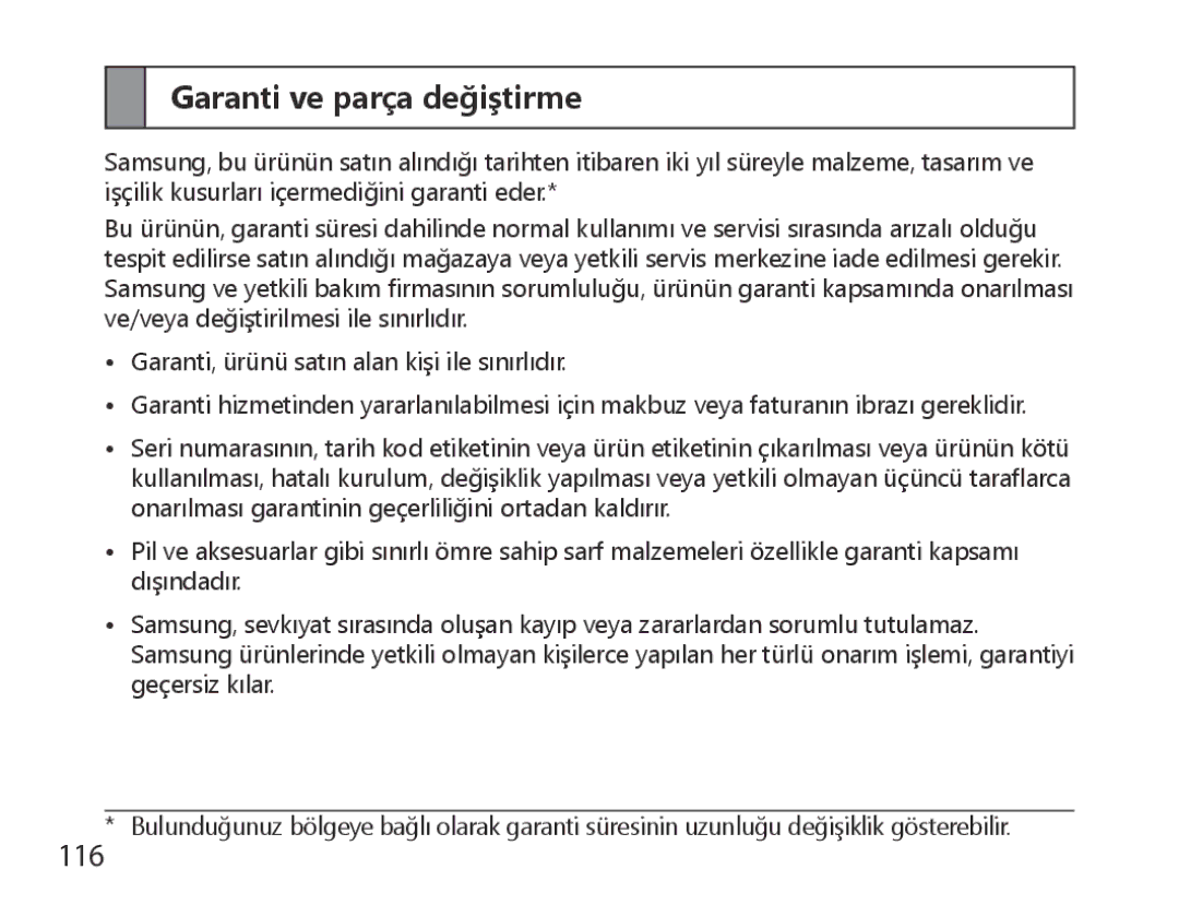 Samsung BHM6000EDECXEH manual Garanti ve parça değiştirme, 116 