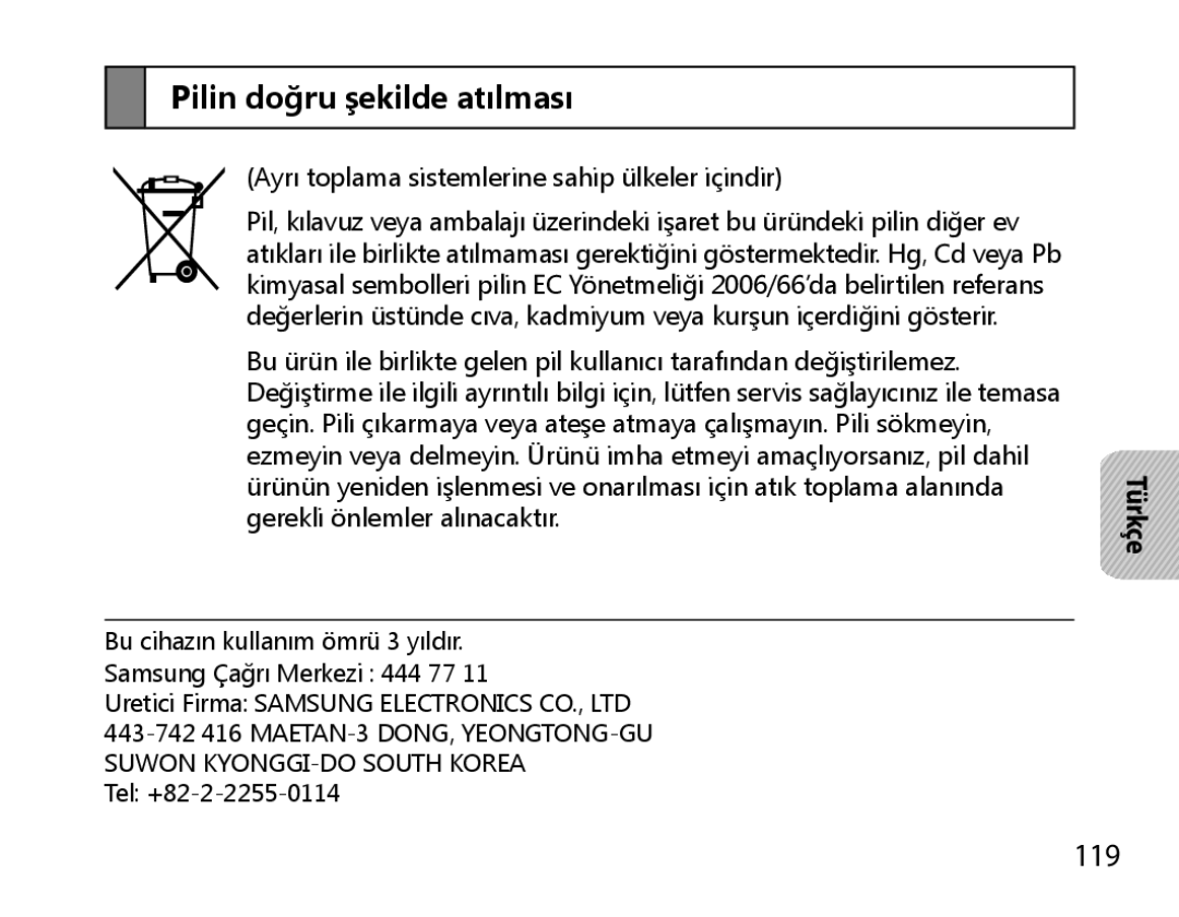 Samsung BHM6000EDECXEH manual Pilin doğru şekilde atılması, 119 