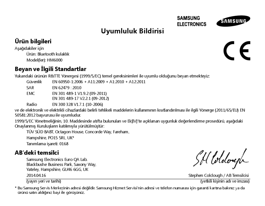 Samsung BHM6000EDECXEH manual Uyumluluk Bildirisi, Beyan ve İlgili Standartlar 