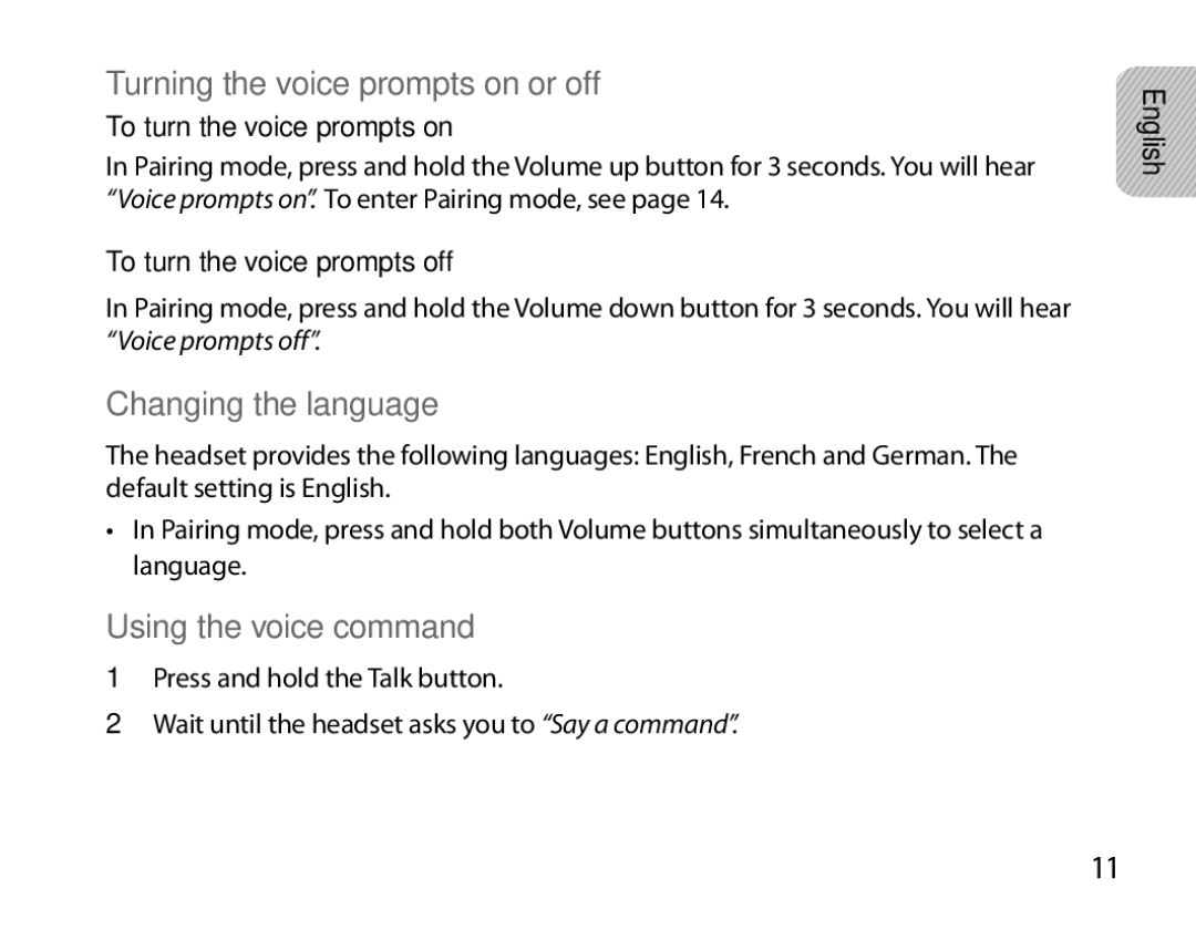 Samsung BHM6000EDECXEH manual Turning the voice prompts on or off, Changing the language, Using the voice command 