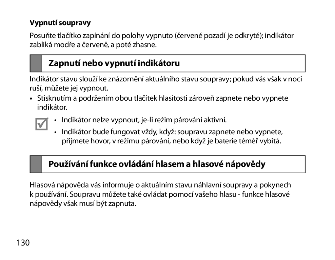 Samsung BHM6000EDECXEH manual Zapnutí nebo vypnutí indikátoru, Používání funkce ovládání hlasem a hlasové nápovědy, 130 