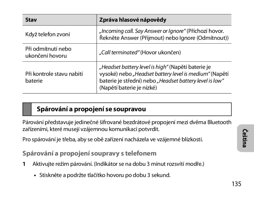 Samsung BHM6000EDECXEH manual Spárování a propojení se soupravou, Spárování a propojení soupravy s telefonem, 135 