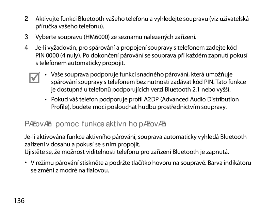 Samsung BHM6000EDECXEH manual Párování pomocí funkce aktivního párování, 136 