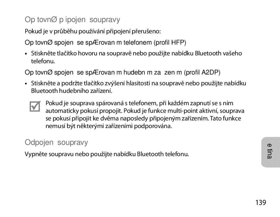 Samsung BHM6000EDECXEH manual Opětovné připojení soupravy, Odpojení soupravy, 139 