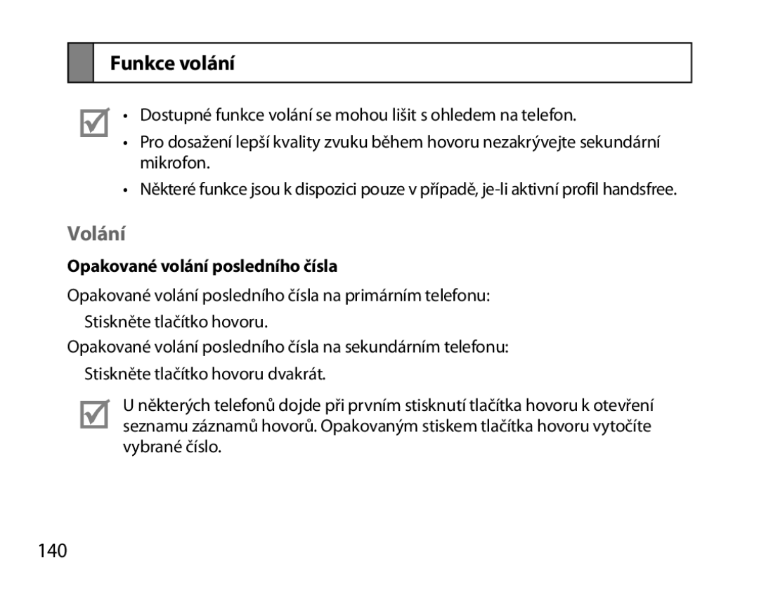 Samsung BHM6000EDECXEH manual Funkce volání, Volání, 140, Opakované volání posledního čísla 