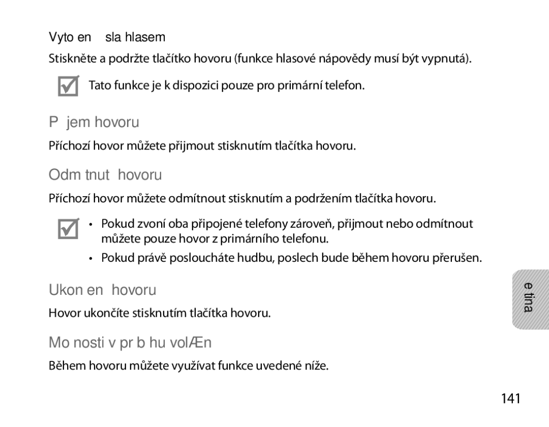 Samsung BHM6000EDECXEH manual Příjem hovoru, Odmítnutí hovoru, Ukončení hovoru, Možnosti v průběhu volání, 141 