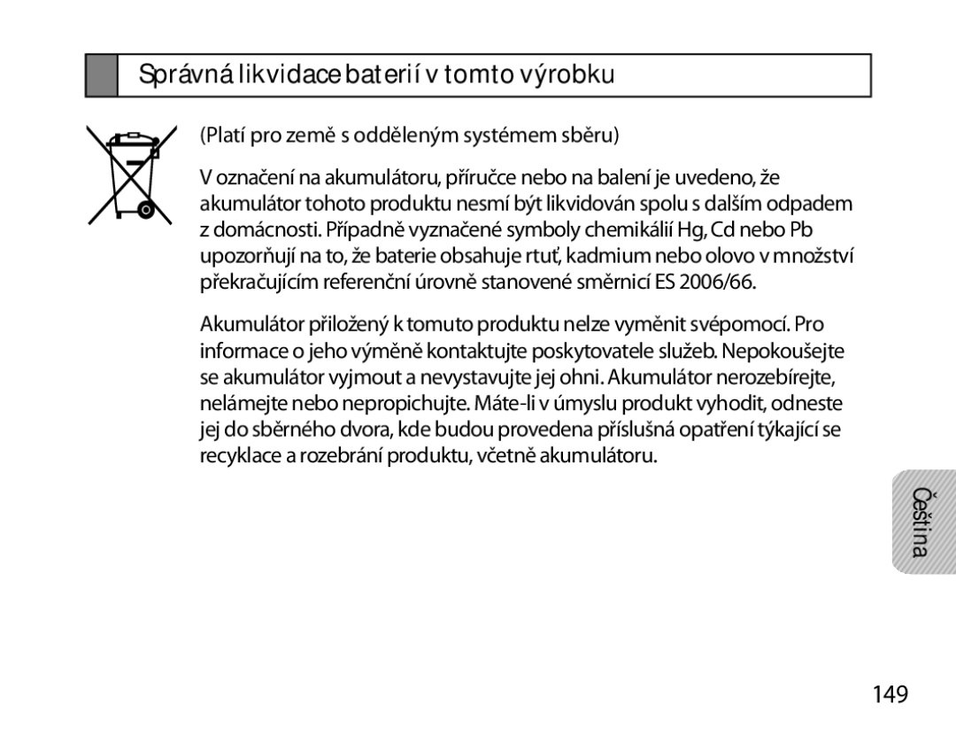 Samsung BHM6000EDECXEH manual Správná likvidace baterií v tomto výrobku, 149 