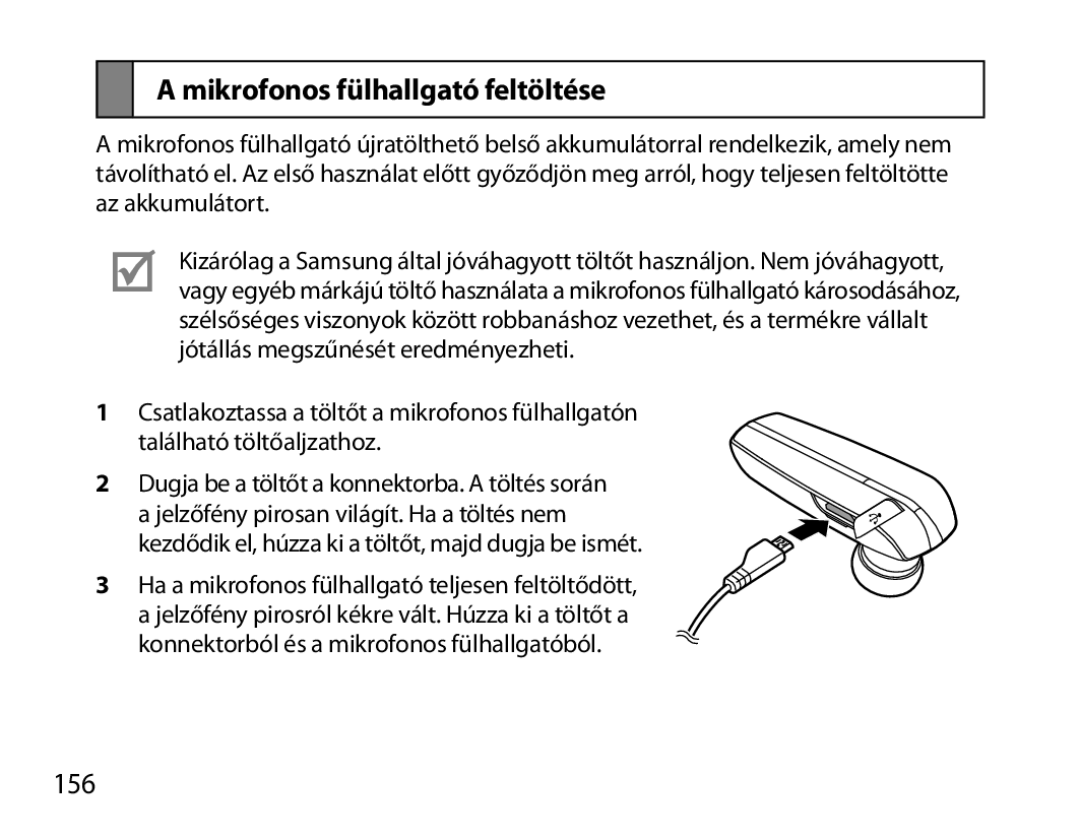 Samsung BHM6000EDECXEH manual Mikrofonos fülhallgató feltöltése, 156 