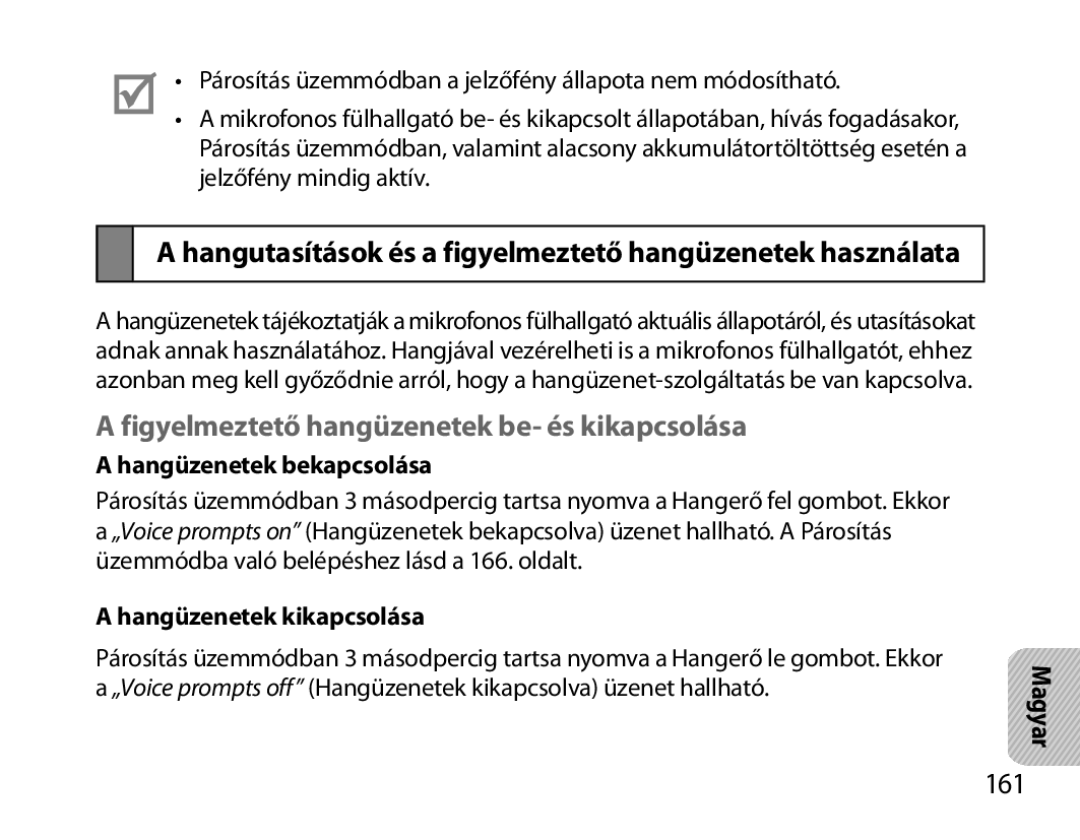 Samsung BHM6000EDECXEH manual Figyelmeztető hangüzenetek be- és kikapcsolása, 161, Hangüzenetek bekapcsolása 