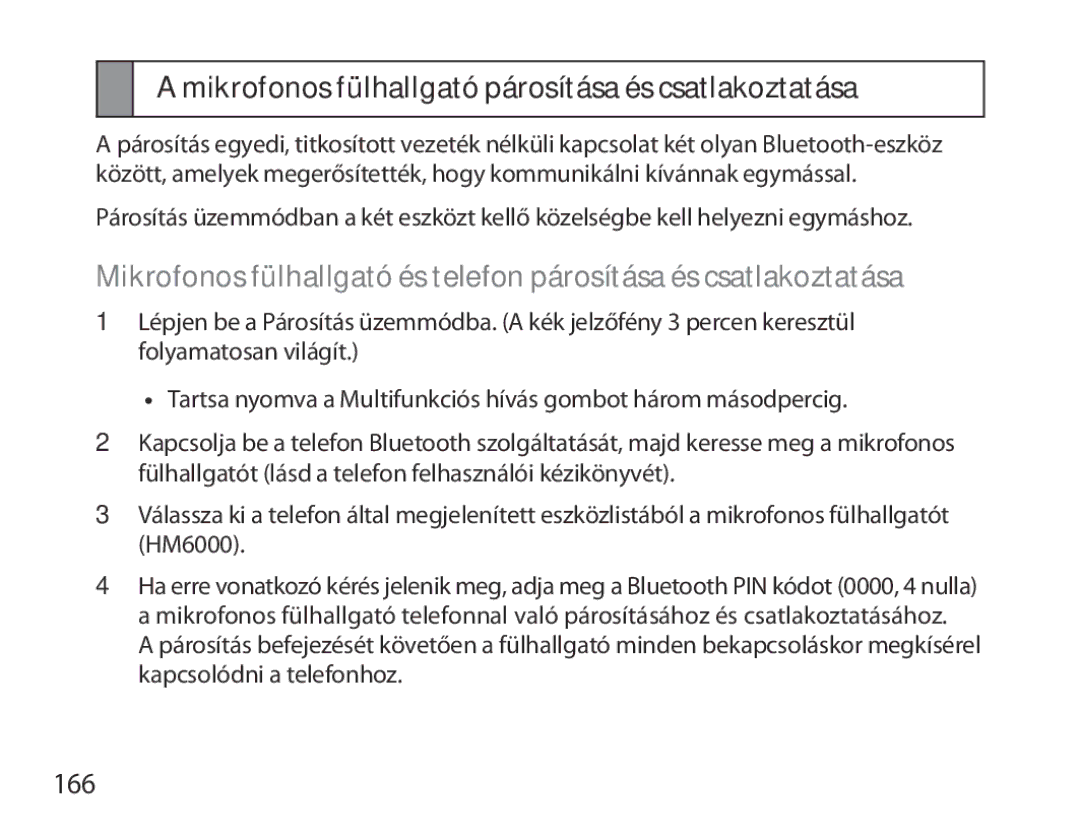 Samsung BHM6000EDECXEH manual Mikrofonos fülhallgató párosítása és csatlakoztatása, 166 