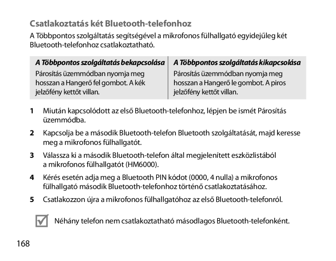 Samsung BHM6000EDECXEH manual Csatlakoztatás két Bluetooth-telefonhoz, 168 