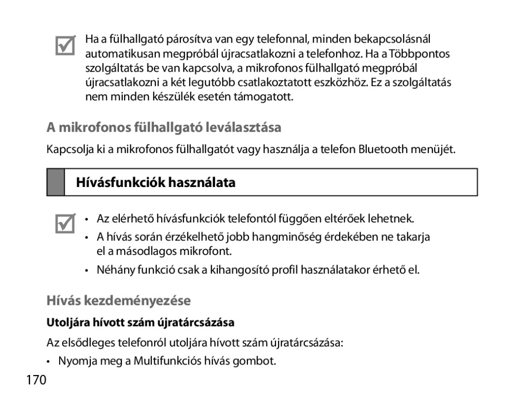 Samsung BHM6000EDECXEH manual Mikrofonos fülhallgató leválasztása, Hívásfunkciók használata, Hívás kezdeményezése, 170 