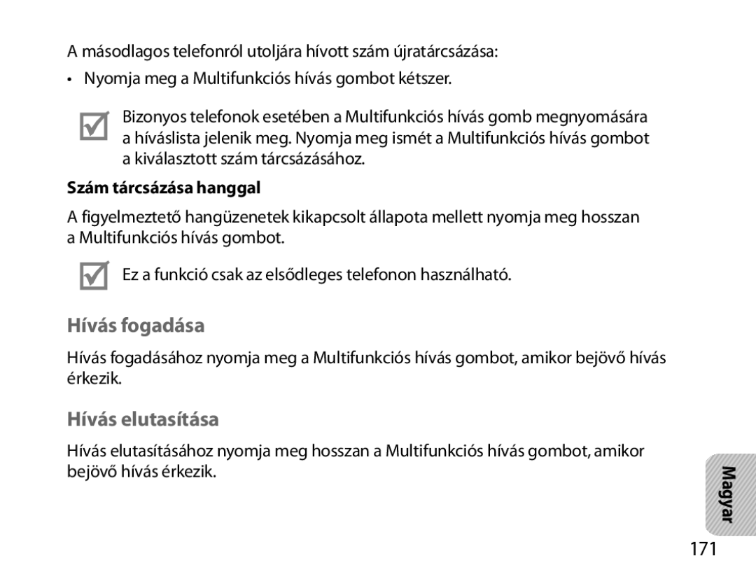 Samsung BHM6000EDECXEH manual Hívás fogadása, Hívás elutasítása, 171, Szám tárcsázása hanggal 