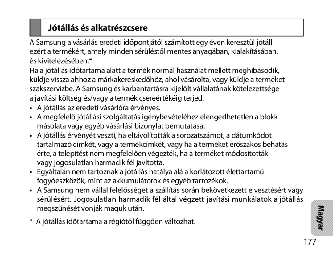 Samsung BHM6000EDECXEH manual Jótállás és alkatrészcsere, 177 