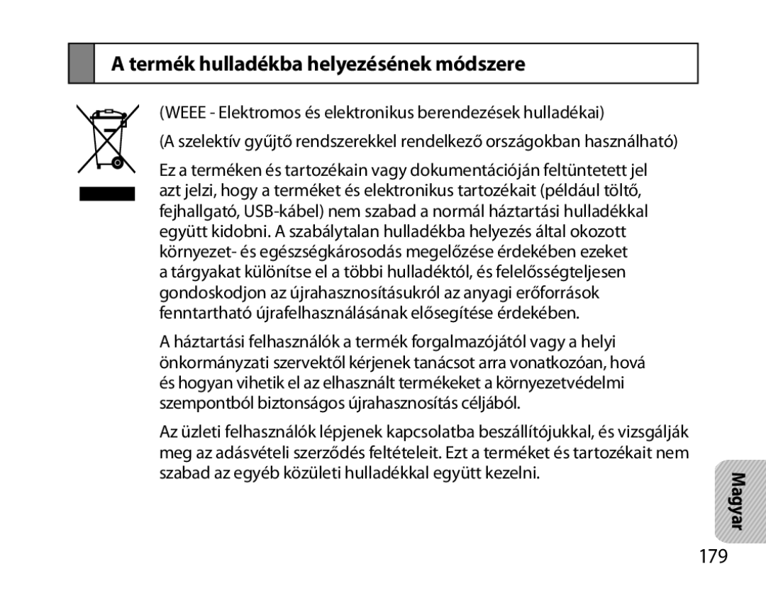 Samsung BHM6000EDECXEH manual Termék hulladékba helyezésének módszere, 179 